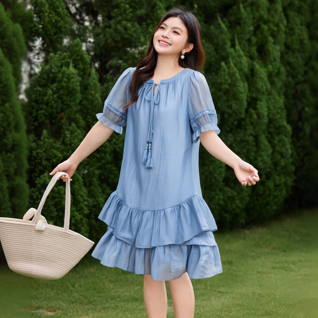 【流苏系带小V领荷叶边裙子】MsShe大码女夏装度假风扎染蓝C2506010