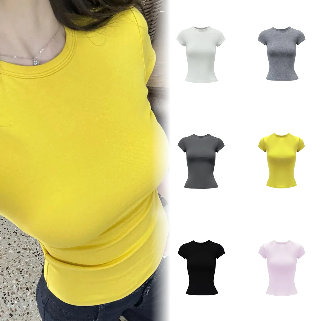 纯色辣妹新款显瘦感韩系正肩短款神仙百搭简约圆领修身短袖女T恤