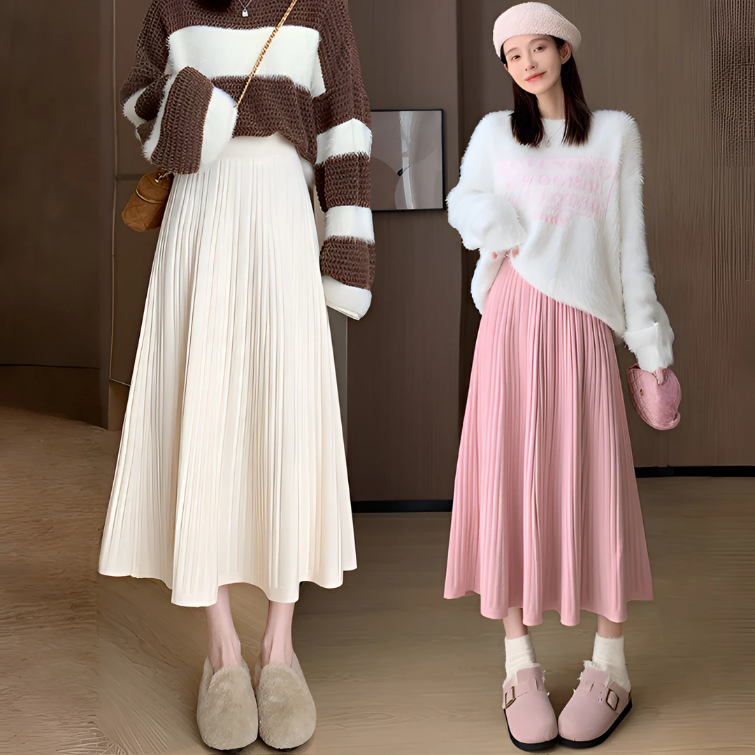 遮肉针织半身裙秋冬季高腰毛线百褶包臀裙显瘦a字伞裙子长款长裙