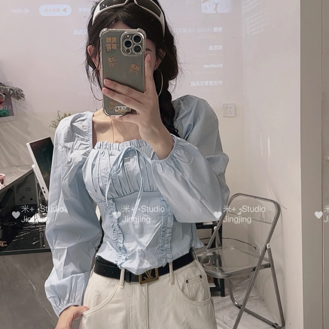 Mi+【甜美糖果】实体店不露背版两穿系带子简洁褶皱弹力长袖上衣