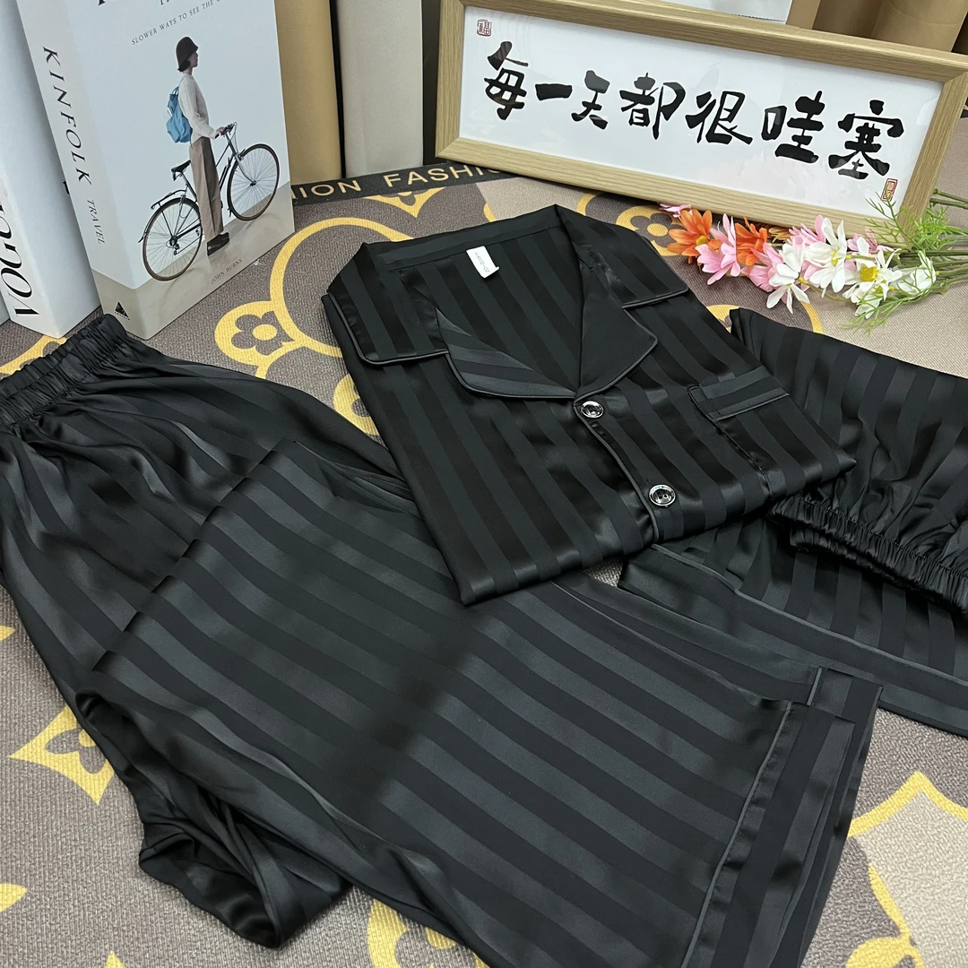 005竖条纹黑色夏季冰丝男款薄款短袖短裤长裤三件套休闲居家套装