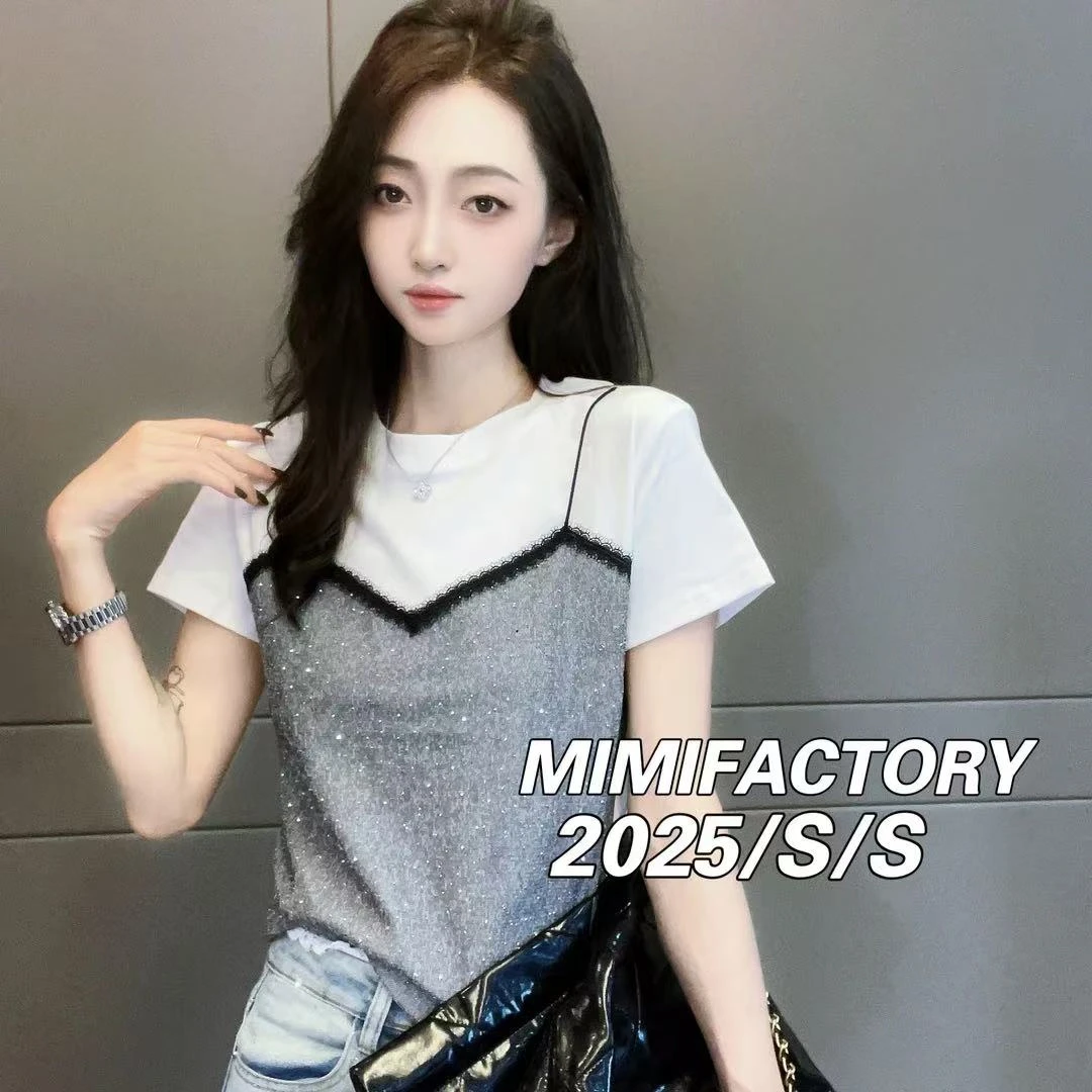 欧货高端 蕾丝花边拼接假两件设计小众短袖T恤女洋气修身显瘦上衣