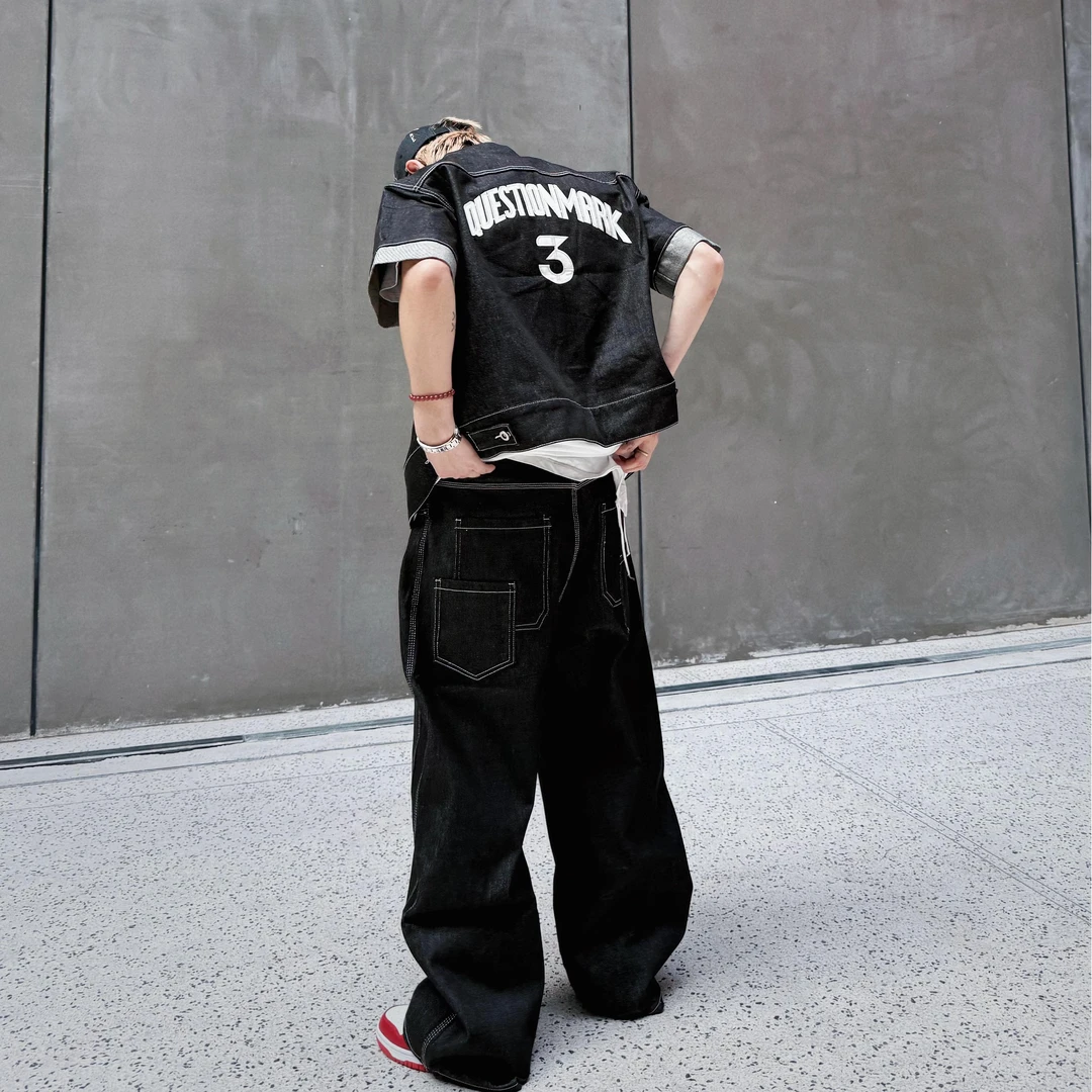 A【丹宁套装】夏复古卷边原色短袖外套阔腿弯刀裤宽松牛仔套装男女