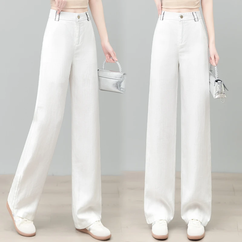 爆款天丝亚麻阔腿裤女夏季薄款2025新款高腰显瘦垂感窄版直筒裤子