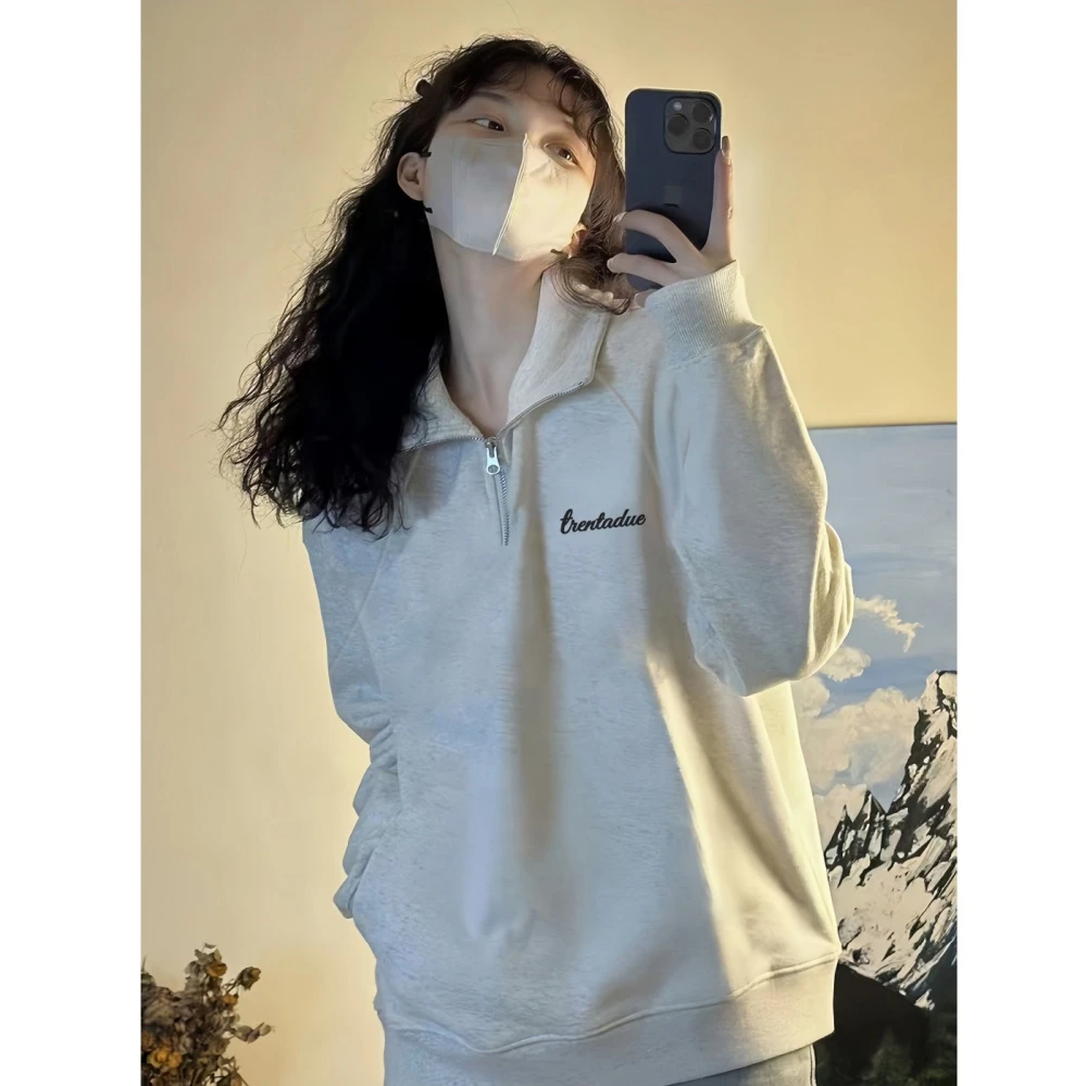 美式卫衣加绒百搭宽松半拉链设计秋冬潮牌时尚无帽复古印花上衣女