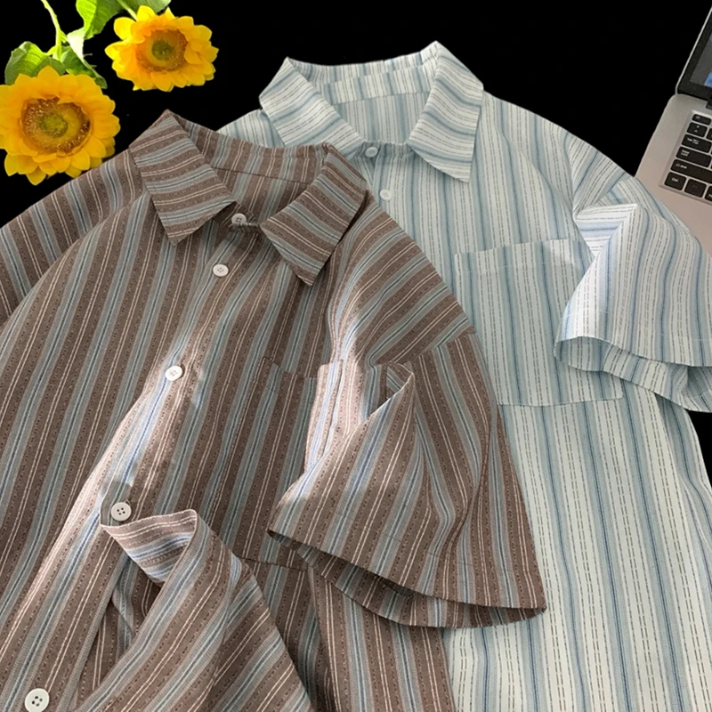 条纹衬衫男女款生夏季潮牌oversize休闲翻领衬衣美式复古情侣上衣