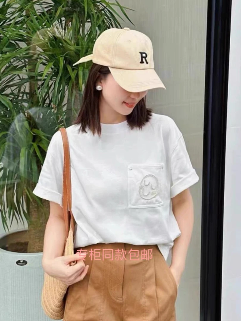 2024年夏季新款时尚百搭圆领白色笑脸烫钻纯棉短袖T恤女5300880