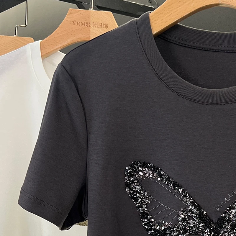 夏装新款短袖t恤衫2025大码女装重工蝴蝶刺绣胖MM圆领宽松冰感棉