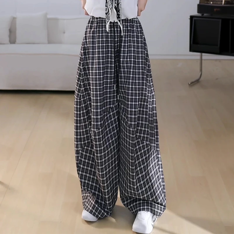洋气炸街女裤松紧腰格子系列设计师小众宽松遮肉阔腿裤子潮流Y