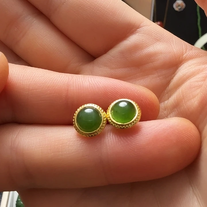 和田玉银S925镀金镶嵌耳饰