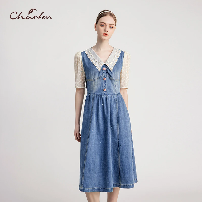 【达人】CHARFEN朝峰复古显瘦拼接牛仔连衣裙CFE2F628-6055G