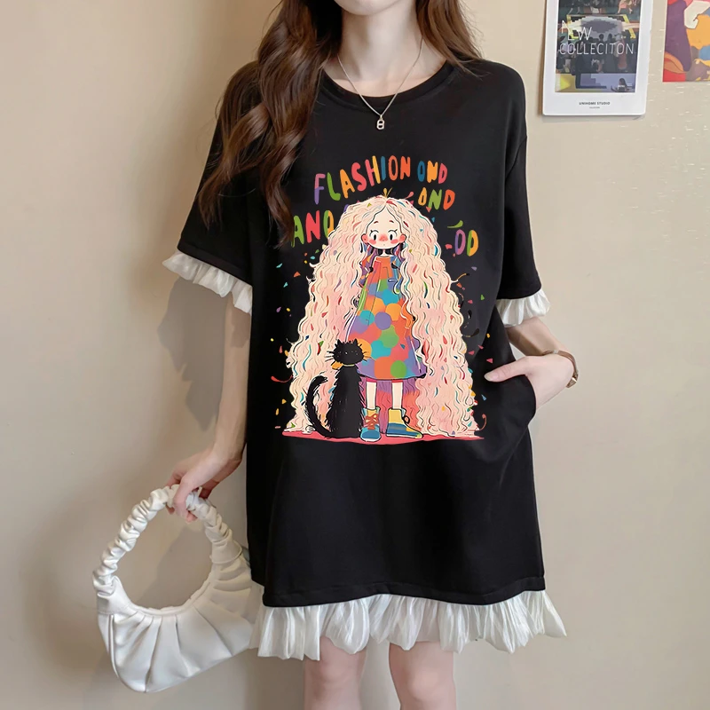 蕾丝拼接T恤裙女夏季韩版时尚洋气宽松显瘦百搭设计感小众中长裙