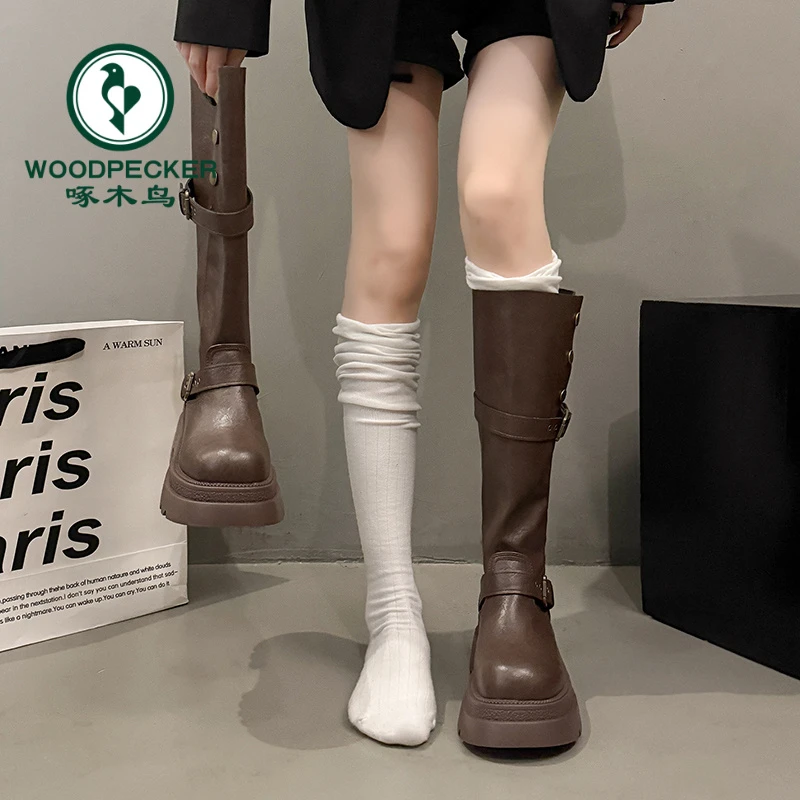 啄木鸟复古英伦风粗跟厚底长筒靴女2025年秋冬新款长靴显瘦骑士靴