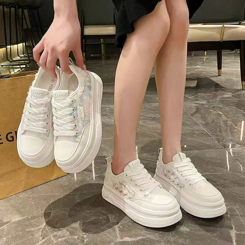 8559时尚百搭夏季透气真皮厚底网红潮流ins网面韩版系带休闲鞋