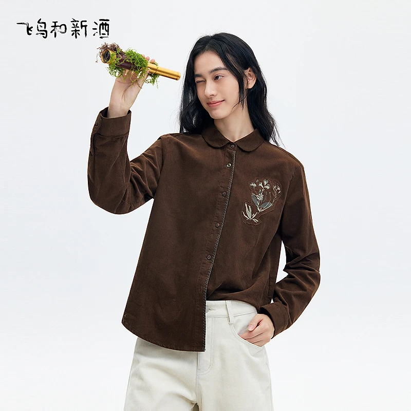 飞鸟和新酒印花修身灯芯绒长袖衬衫女冬季纯棉印花上衣FD57082036