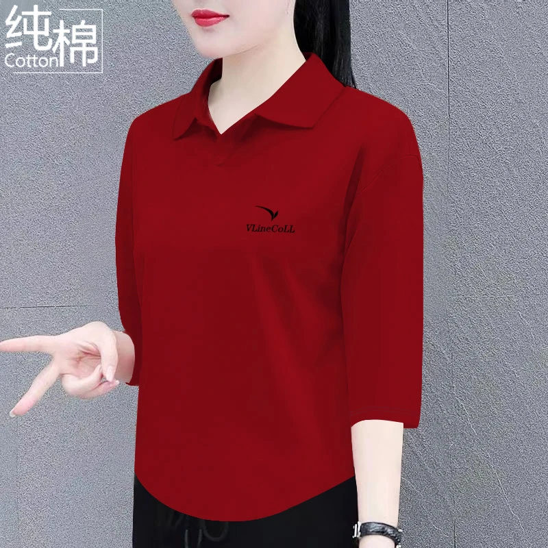纯棉七分袖t恤女夏季新款翻领百搭宽松显瘦时尚洋polo领上衣