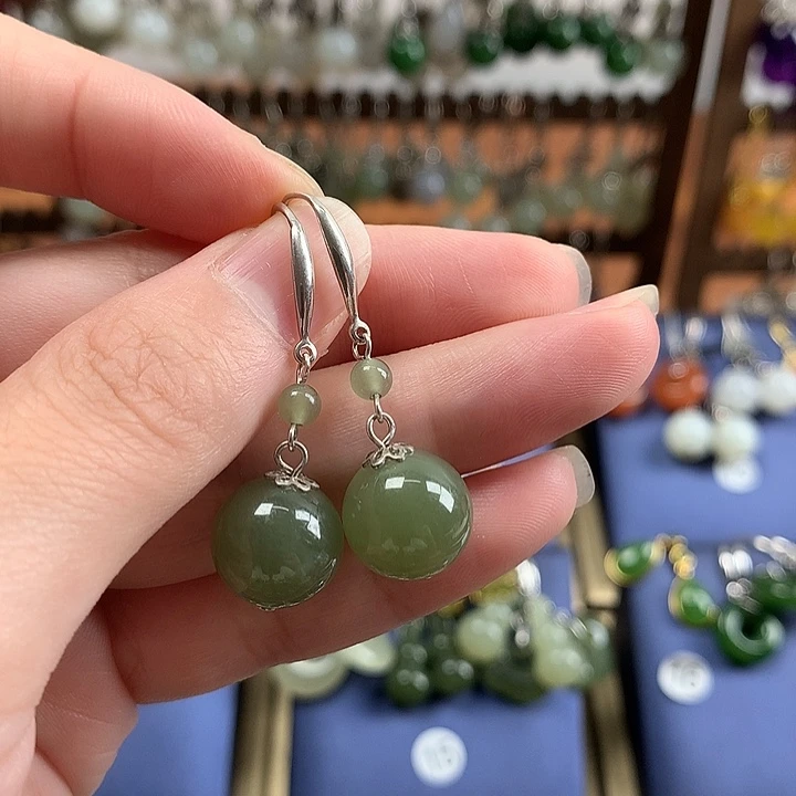 银S925镶嵌和田玉耳饰12左右湖水绿