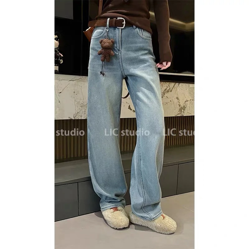 【萍姐】F57536 LIC 欧货水洗小熊挂饰牛仔裤25冬季加厚加绒直筒裤