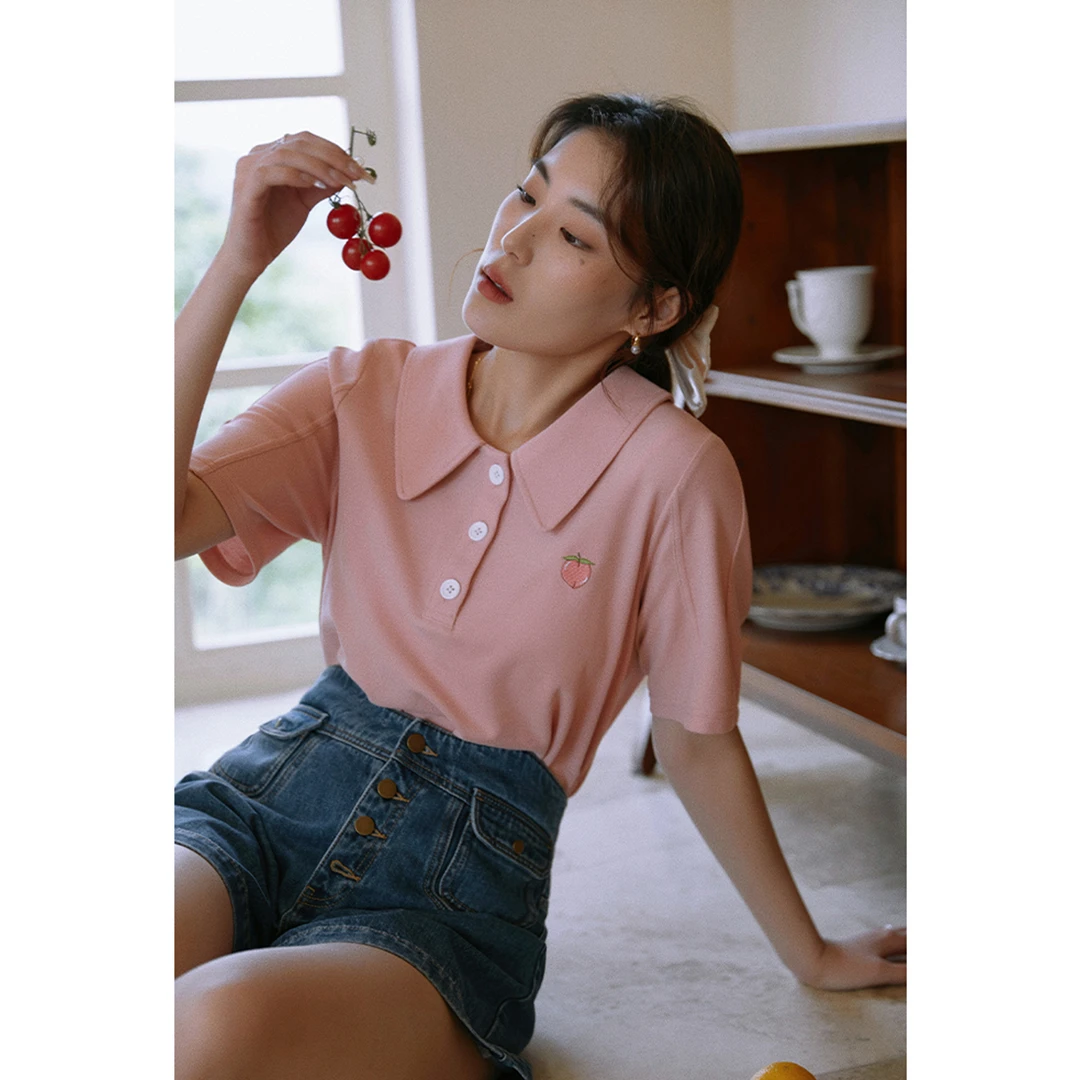 独束大码女装法式甜美刺绣polo领短袖t恤夏季新款微胖mm正肩上衣