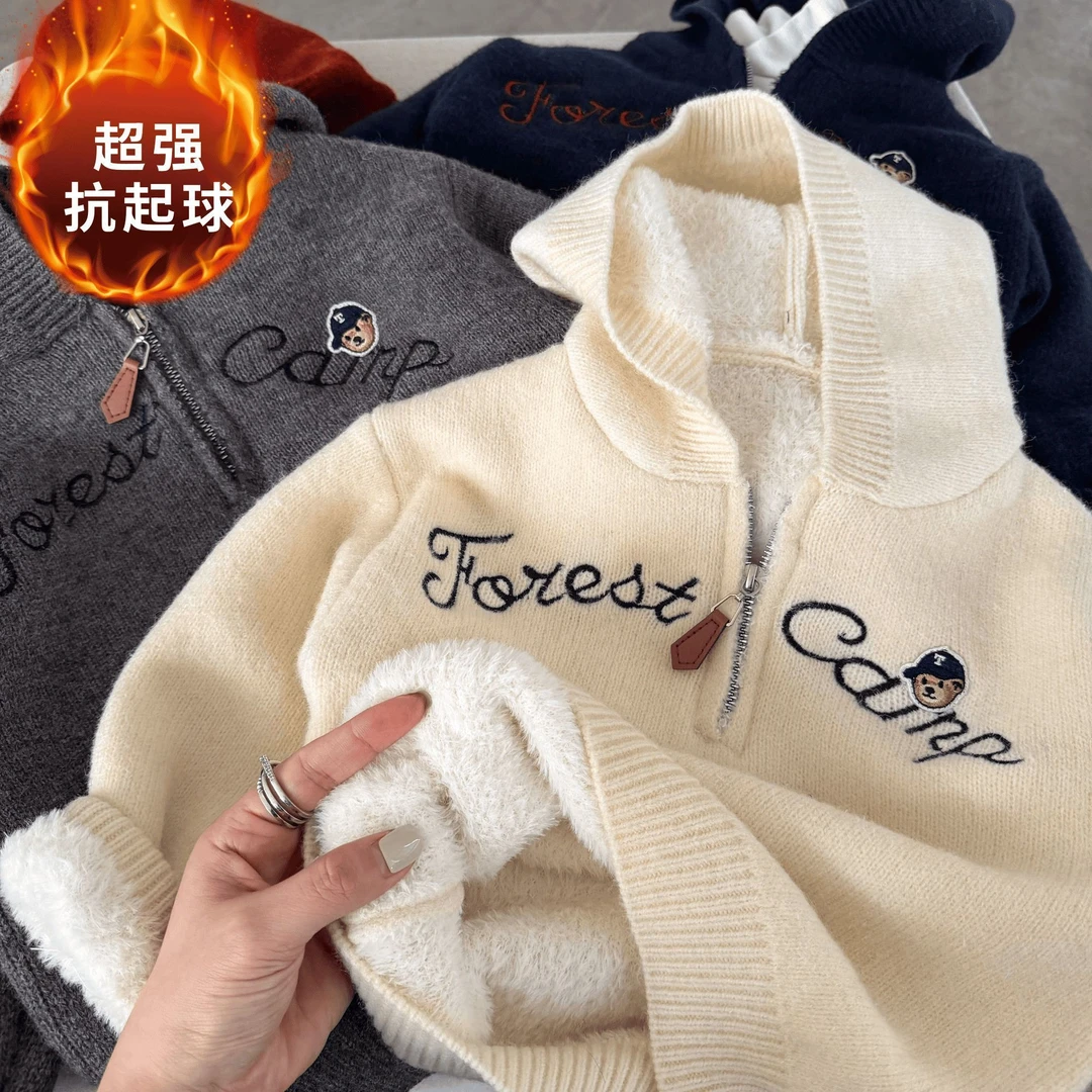 儿童毛衣加绒一体绒连帽女童套头宽松加厚保暖韩版宝宝通穿冬百搭