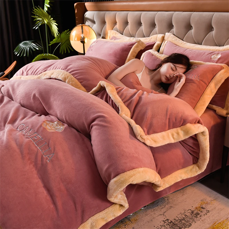 富安娜牛奶绒四件套冬季加厚双面绒被套宝宝绒防静电床单床上用品