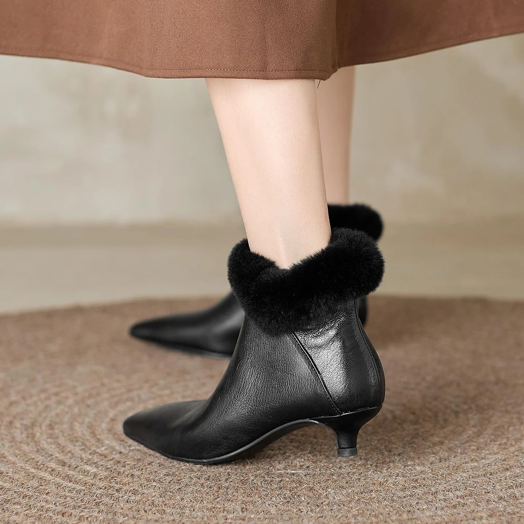 羊皮尖头短靴女秋冬新款侧拉炼加绒保暖猫跟通勤小踝靴时装靴