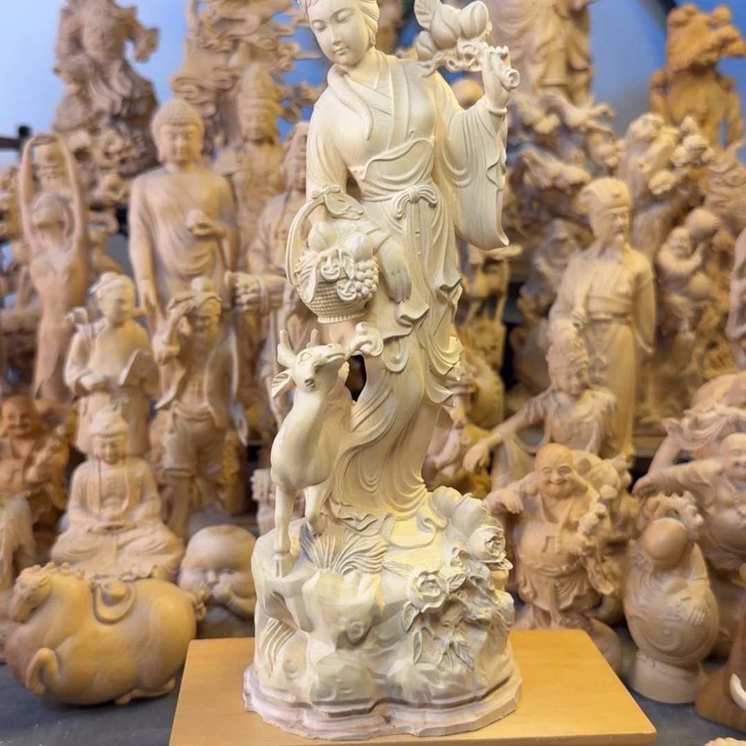 赵***室黄杨木大叶黄杨木22高姑麻献寿摆件