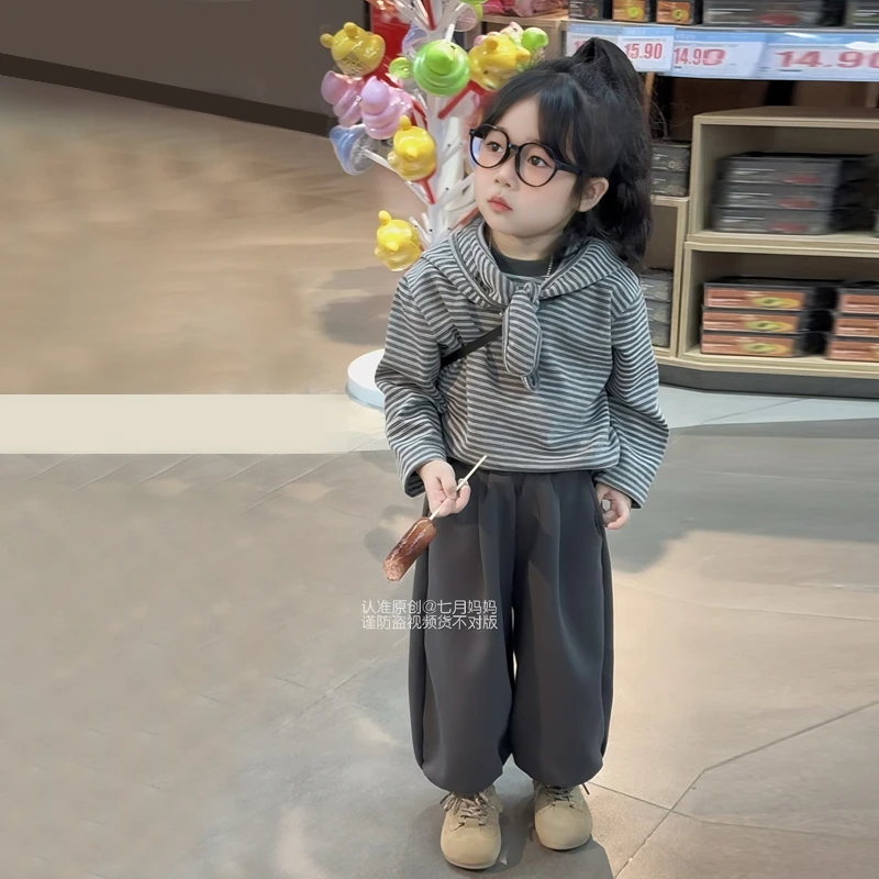 儿童春秋款套装2025新款女童圆领条纹卫衣加披肩两件套女孩卫裤潮
