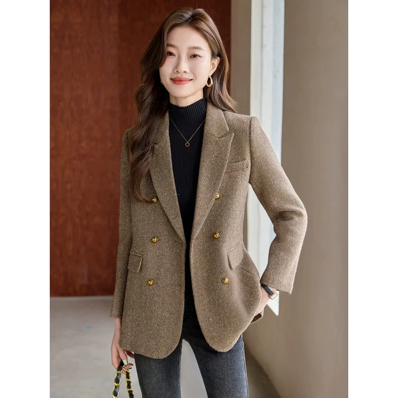 咖啡色羊毛西装外套女2025新款春秋毛呢加厚上衣小个子休闲小西服