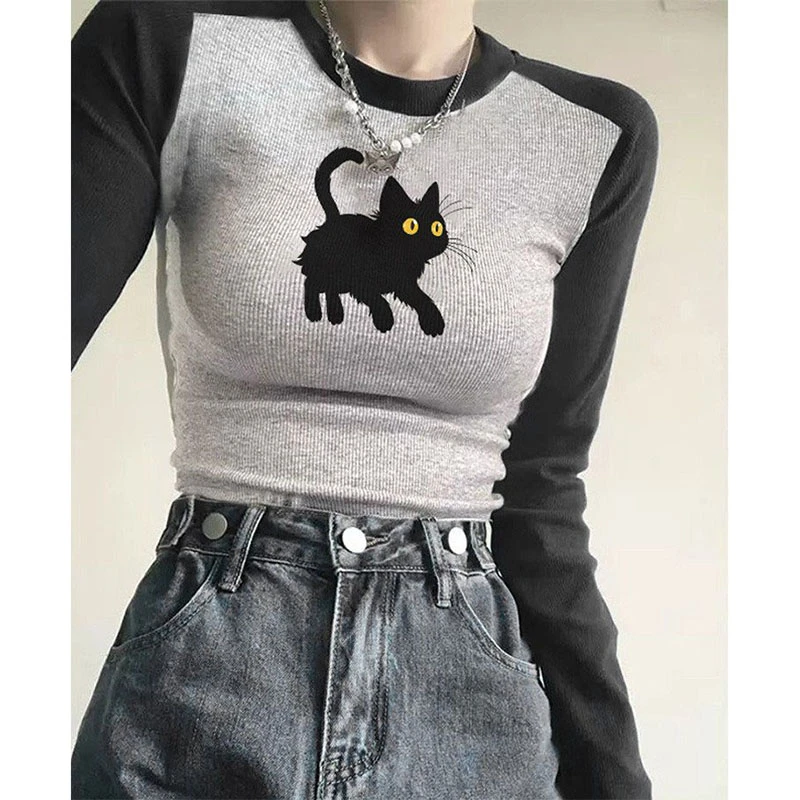 美式学院风黑白撞色插肩长袖t恤女春秋季小个子修身显瘦打底上衣