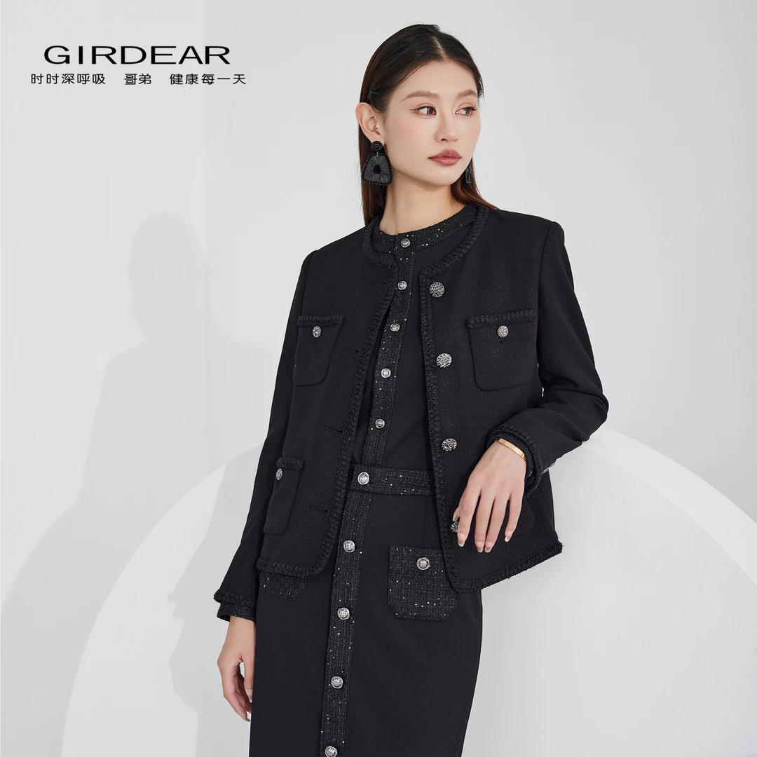 GIRDEAR/哥弟轨道黑薄款优雅小香风璀璨细闪外套1400042-4234311