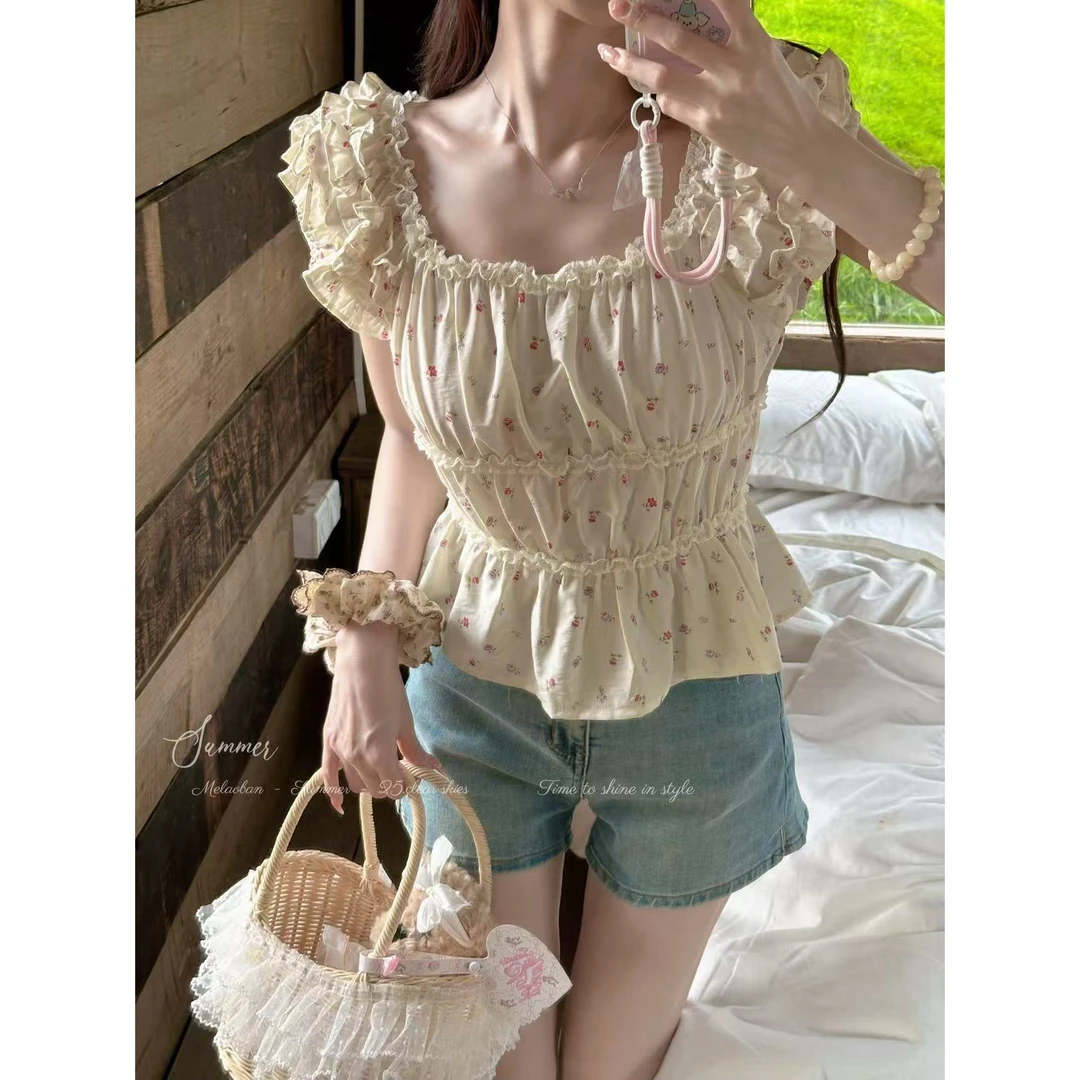 妖精的美美【小苍兰】清新小碎花麻棉小上衣