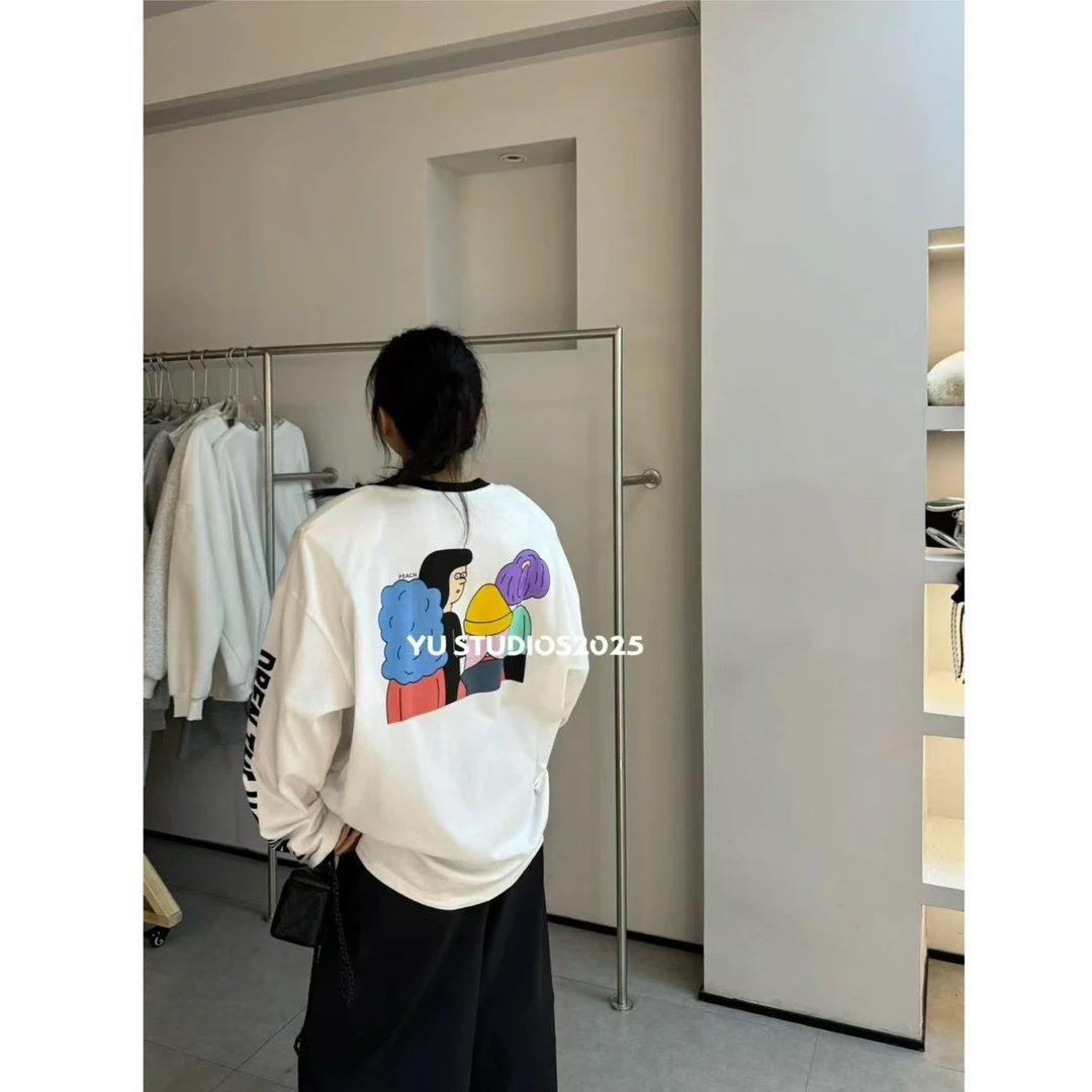 【现货-春款】2025東room春季新款韩版后背印花长袖垫肩T恤女