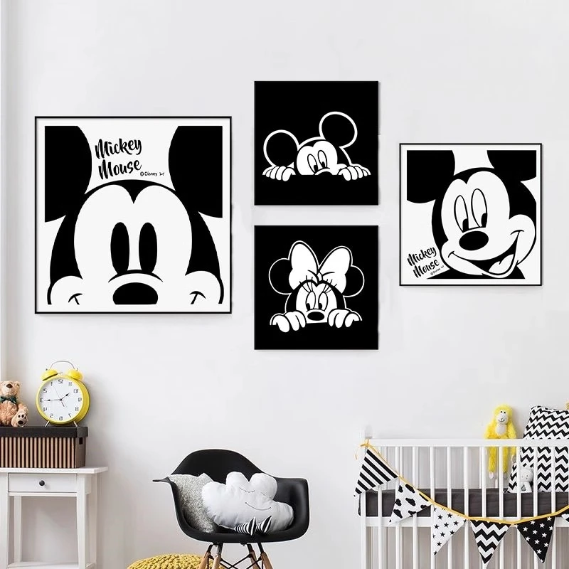 简约卡通米奇装饰画贴纸迪士尼米老鼠儿童房床头壁画防水自粘壁纸