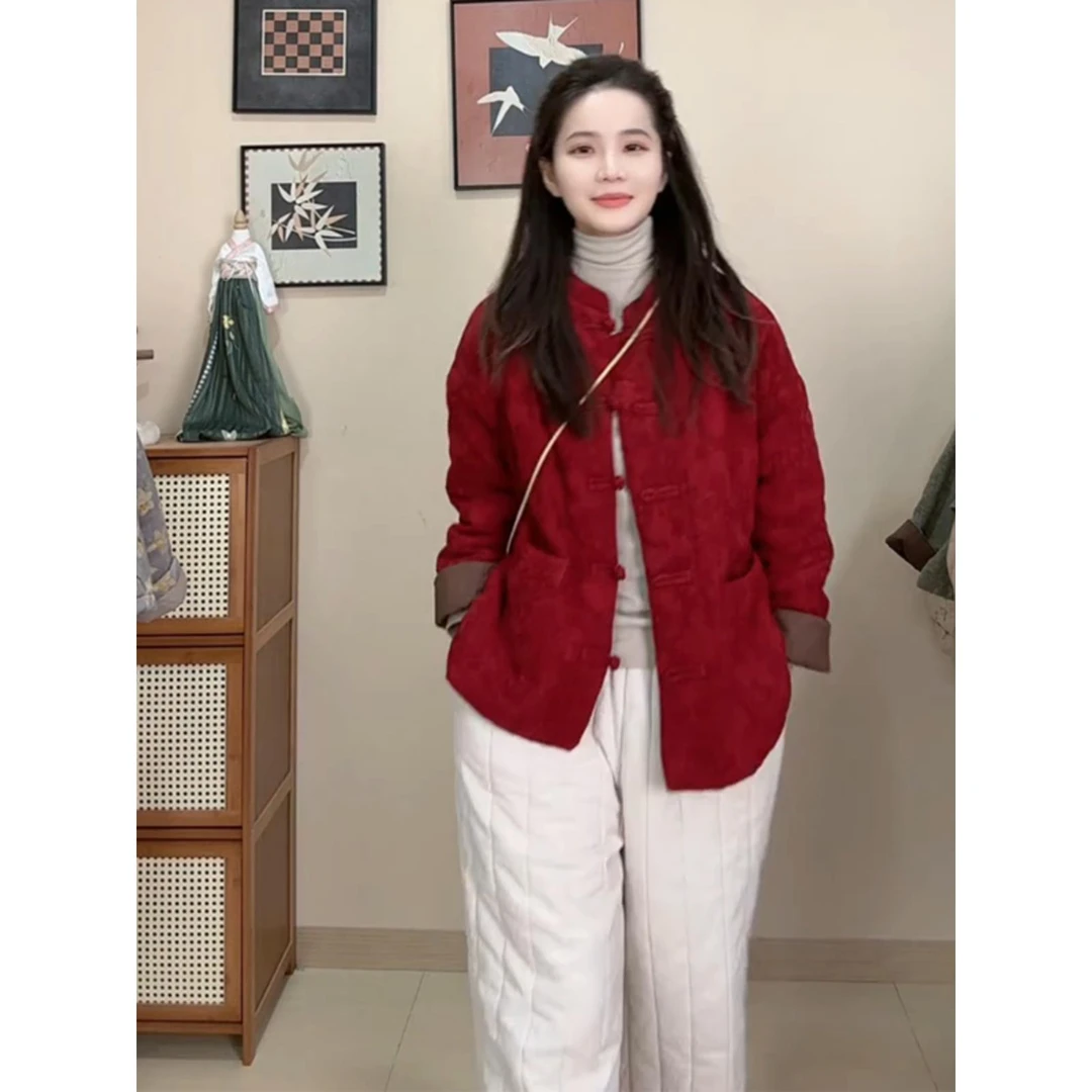 新年中式国风红色夹棉外套女士高级感宽松拜年服百搭设计唐装棉服