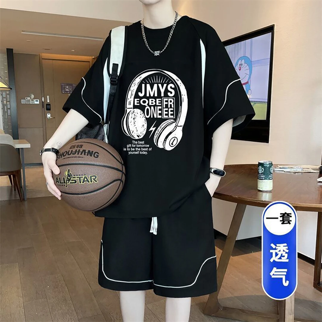 男士青少年夏季初高中帅气休闲宽松运动套装短袖圆领短裤男孩子潮