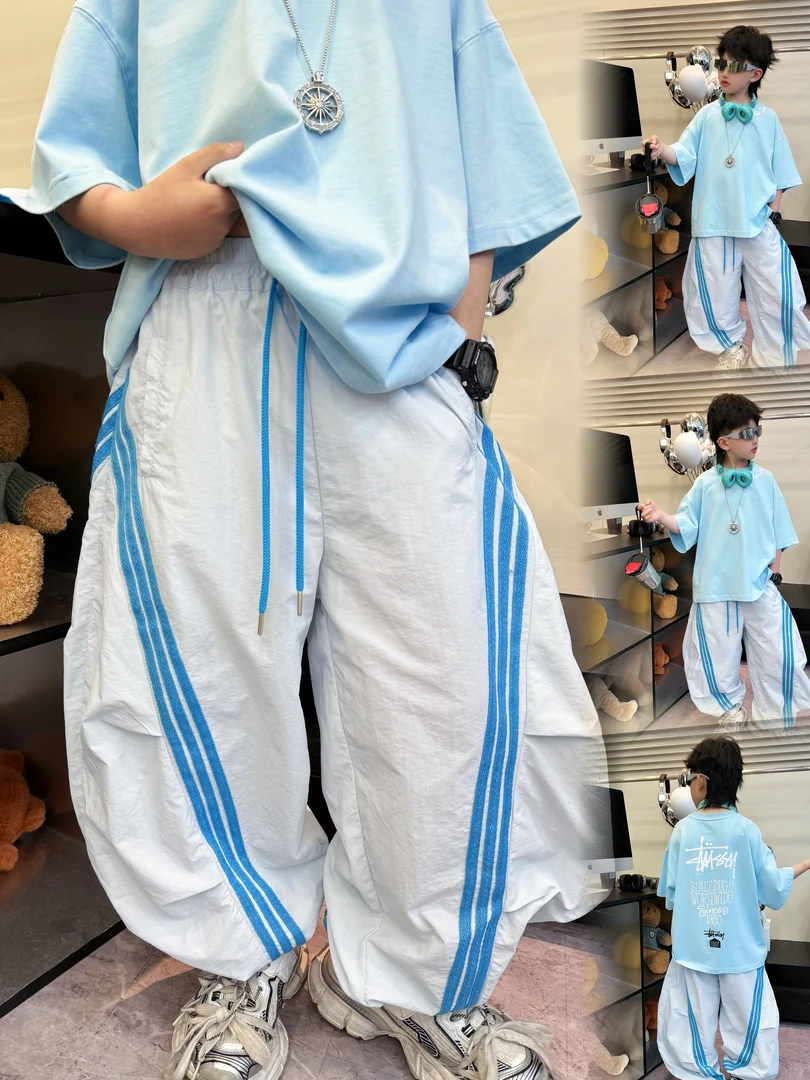 蛋蛋家【蓝色三杠裤】夏季新款宽松男童蓝色侧边三条杠弯刀休闲裤