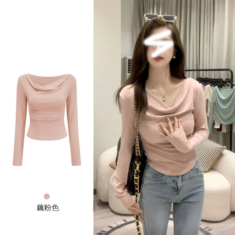 早春2025新款荡领长袖上衣女时尚百搭修身显瘦纯欲风一字领打底衫