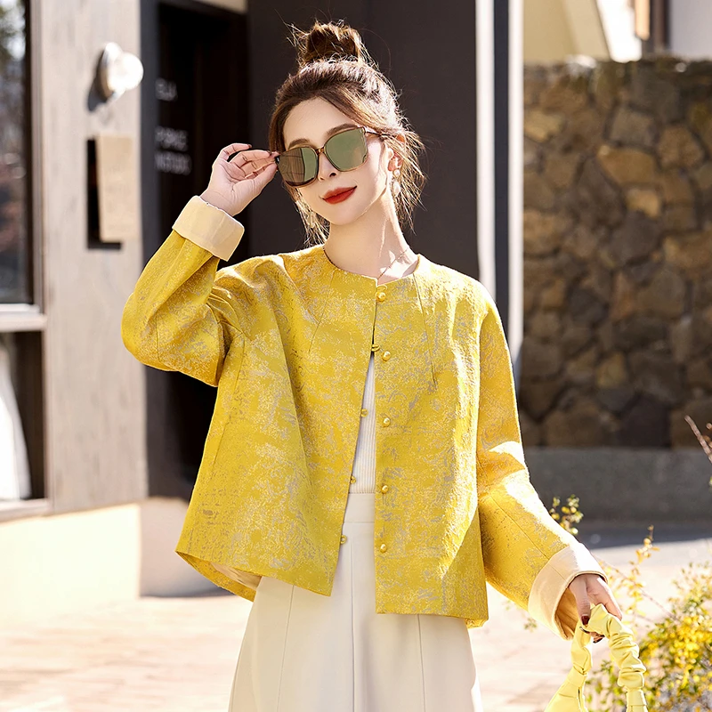 黄色提花新中式短外套女士2025秋季新款圆领宽松唐装复古国风上衣