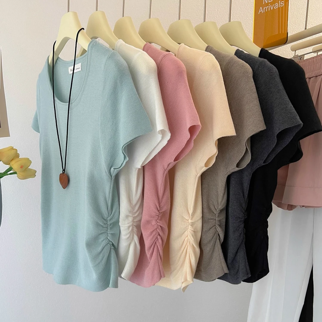 别致独特小个子修身短款圆领针织短袖T恤女夏季褶皱显瘦上衣女装