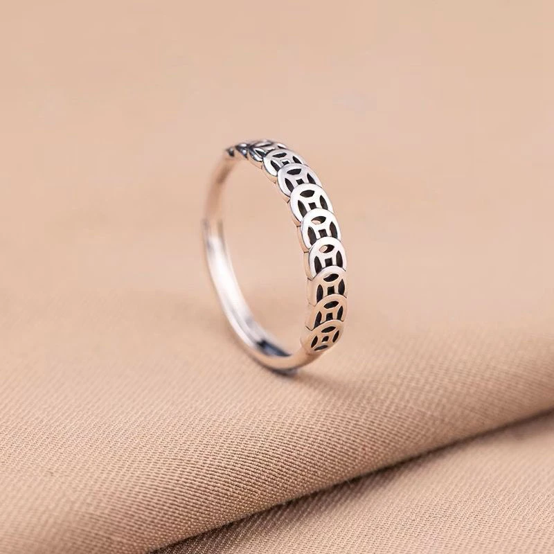 足银戒指 足银990钱币戒指钱多多复古简约时尚铜钱币中国风可调节