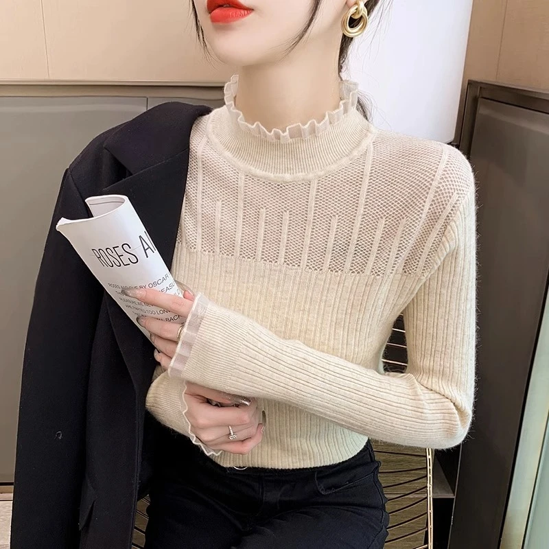 2025新款蕾丝半高领镂空针织洋气打底衫女纯色秋冬新款修身型毛衣