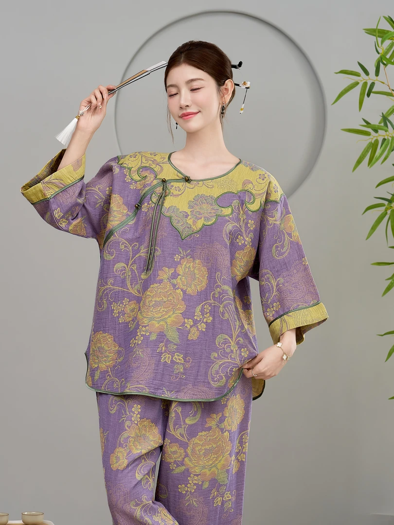 全棉双层纱国风七分袖长裤家居服套装（四季可穿）