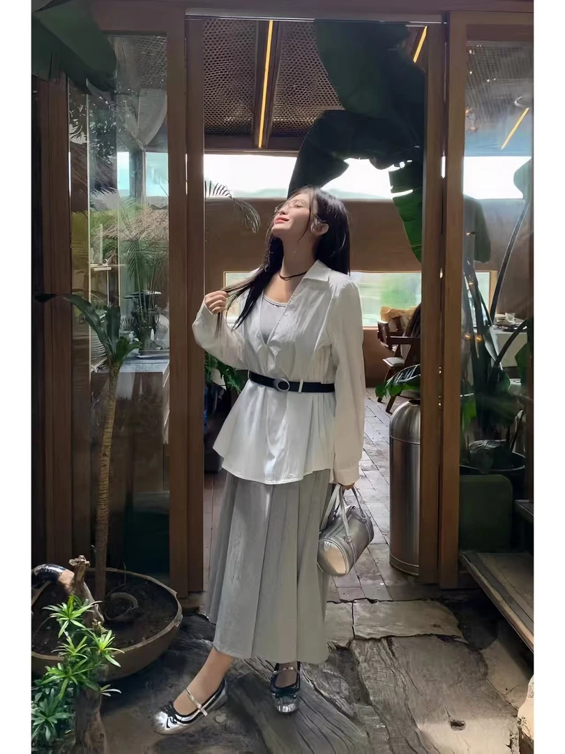 小香风抽绳大码连衣裙衬衫领宽松型衬衫秋季时尚套装6328