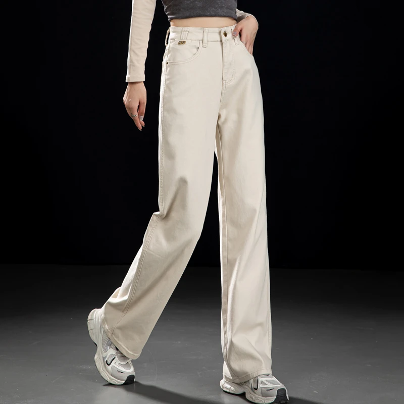 米白色窄版阔腿牛仔裤女2025秋冬加绒高腰宽松显瘦拖地直筒长裤子