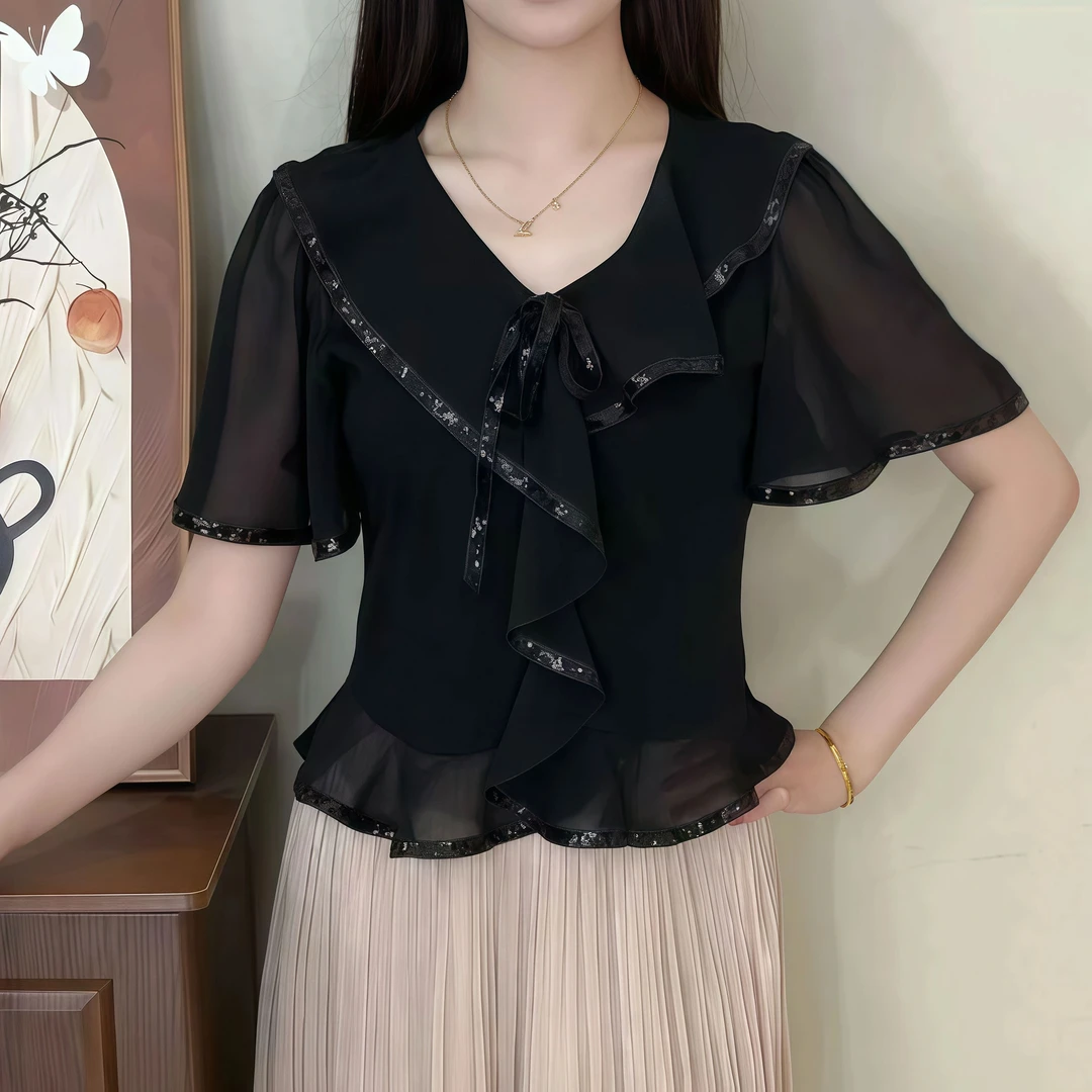法式荷叶边V领小衫女2025夏季新款黑色设计感修身显瘦气质女上衣