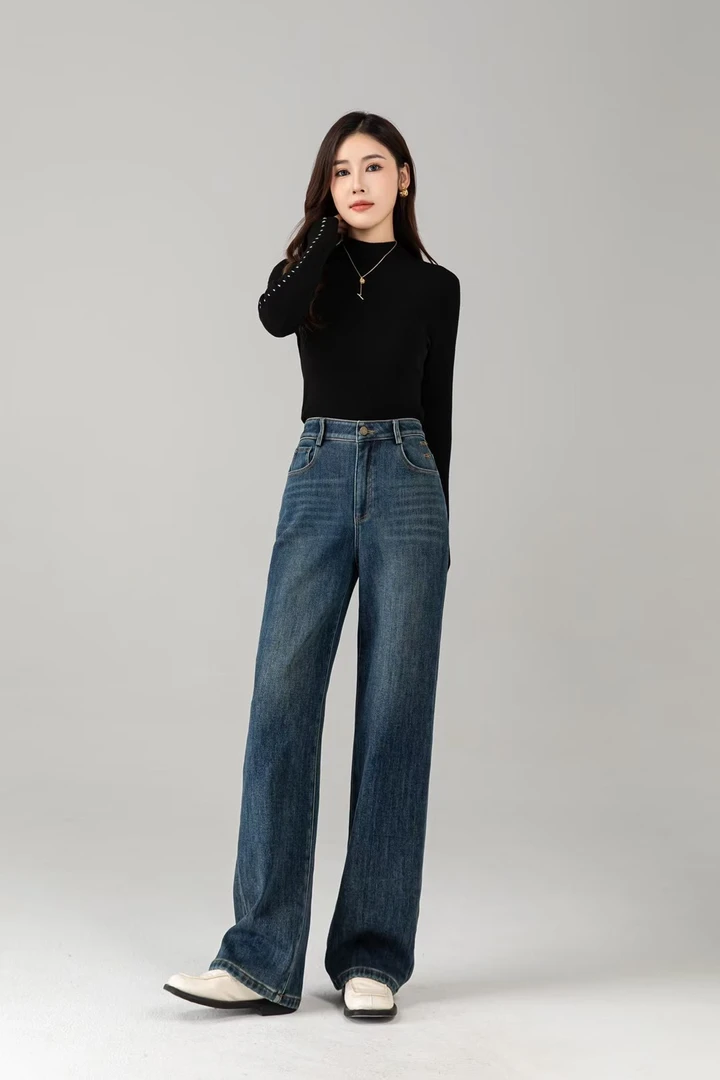 复古显瘦牛仔直筒裤女冬季加绒加厚高腰休闲百搭长裤