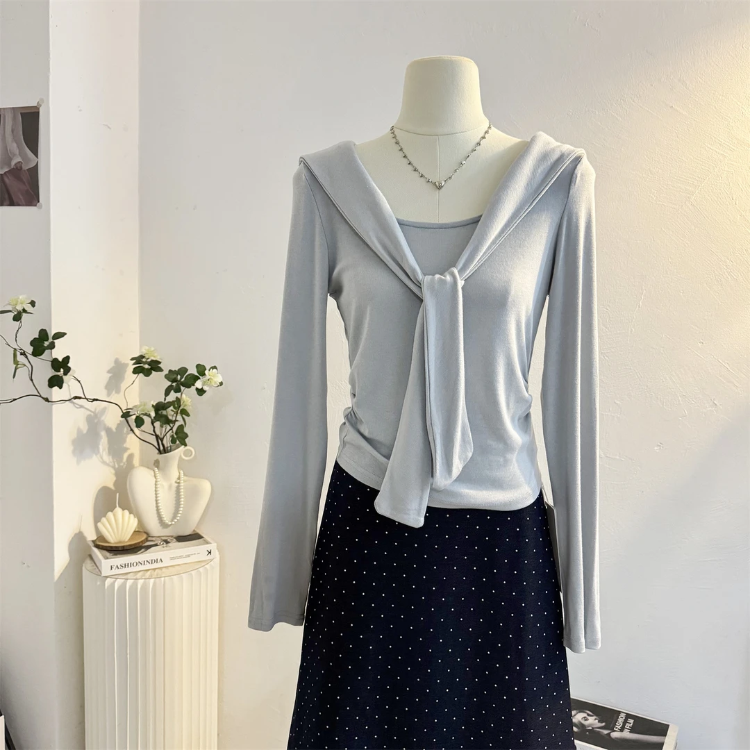 韩系披肩假两件长袖T恤女2025秋设计感短款修身内搭打底小衫上衣