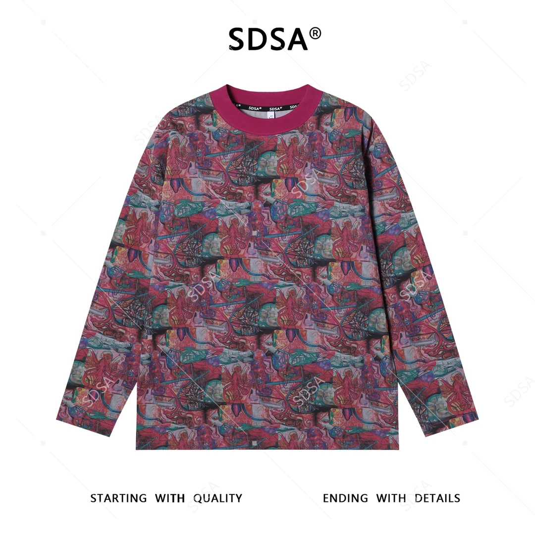 SDSA男士秋冬新款痞帅男装百搭艺术油画图案圆领长袖T恤百搭时尚