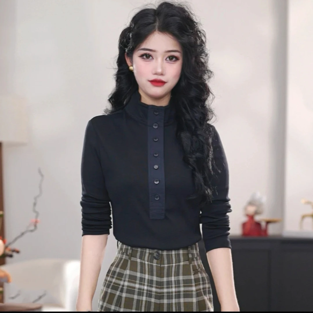 【商场同款】休闲立领纽扣拼接长袖T恤修身质感套头打底衫女530067